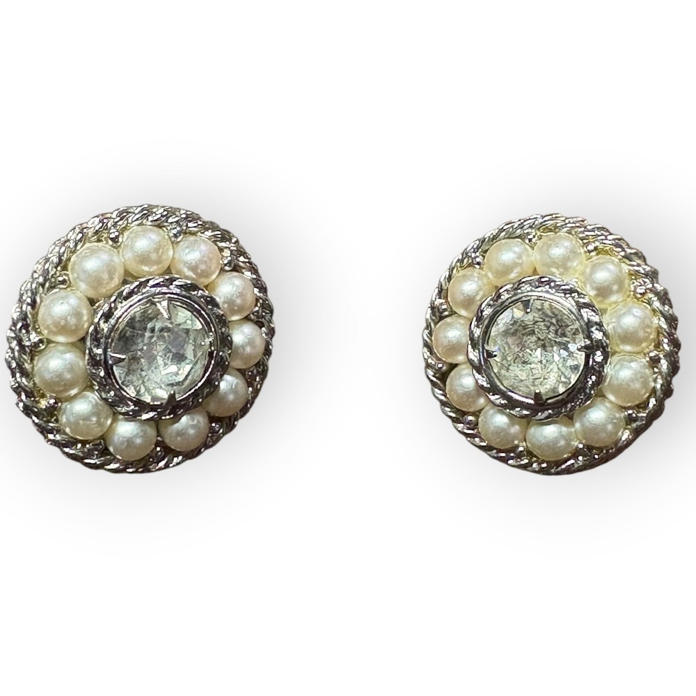 Sarah Coventry Earrings Clip On Faux Pearl Rhinestone Silver Tone Good Vintage